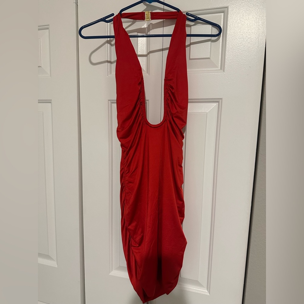 Oh Polly - Red Slinky Jersey Plunge Neck Ruched Mini Dress in Scarlett Red